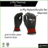 Cordova 3915L Cold Snap Xtreme Gloves, Two-Ply, Red Nylon Shell, Brushed Acrylic Terry Lining, Full Black Foam PVC Coating