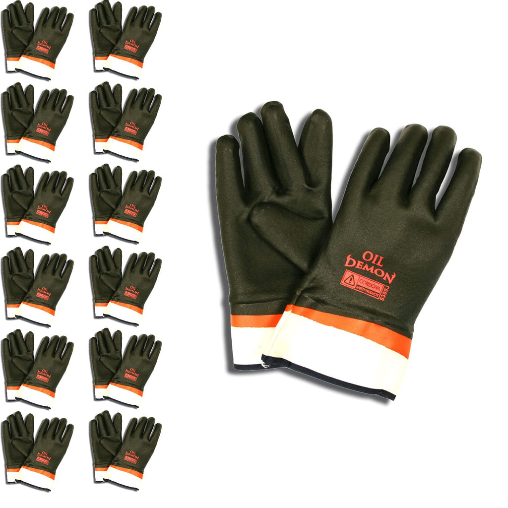 Cordova 5300J Oil Demon Black/Orange Double Dipped PVC Gloves, Sandy Finish, Jersey Lined, Safety Cuff, Large, 12-Pack