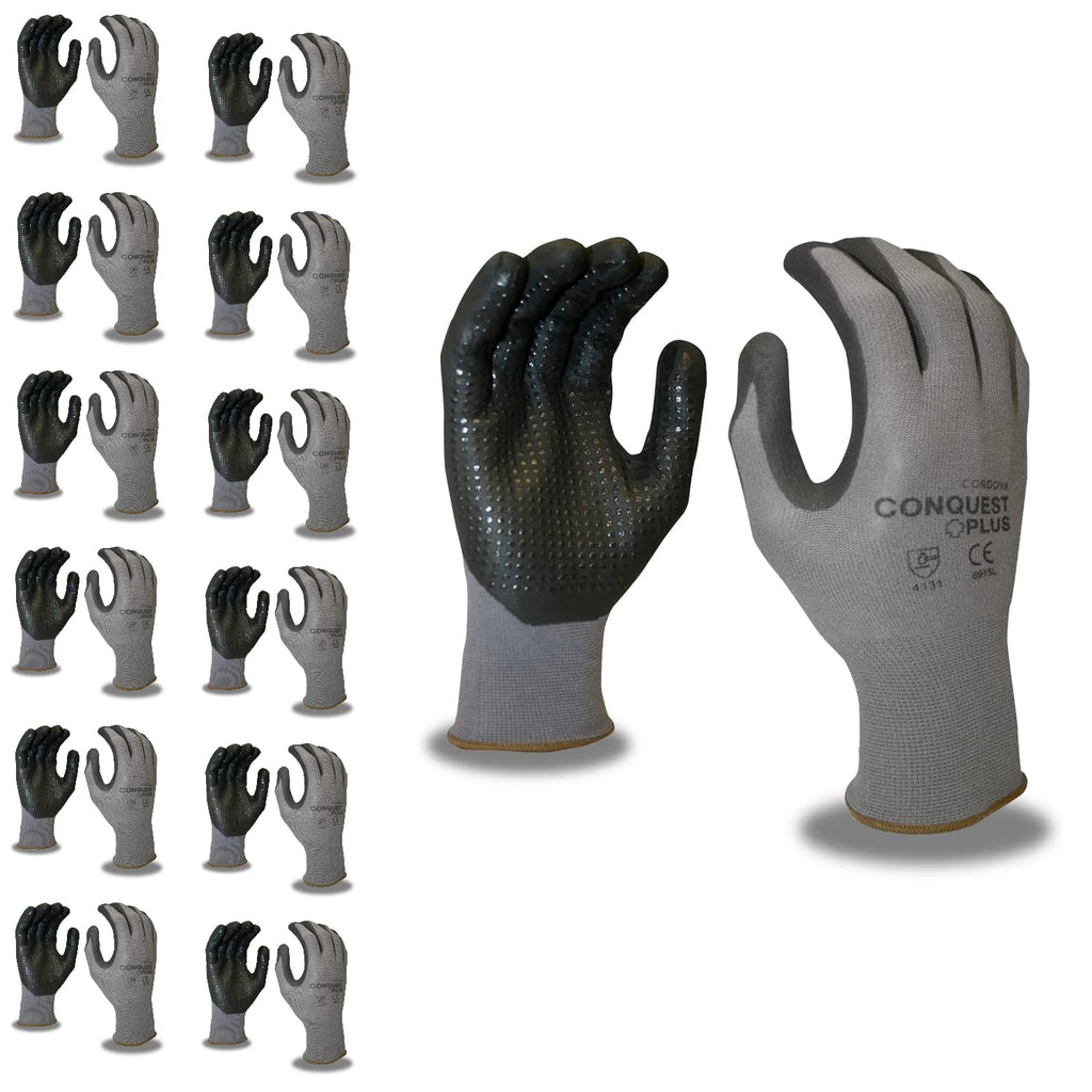 Cordova Conquest Plus Gloves, Premium, Gray Nylon/Spandex Shell, Foam Nitrile/Pu Palm Coating, Nitrile Dots, 12-Pack