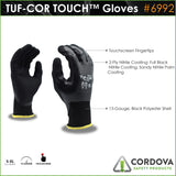 Cordova 6992M Tuf-Cor Touch Gloves, 13-Gauge Black Polyester Shell, Blue Nitrile Full Coating, Black Sandy Nitrile Palm Coating, ANSI Cut Level A1, Medium, 12-Pack