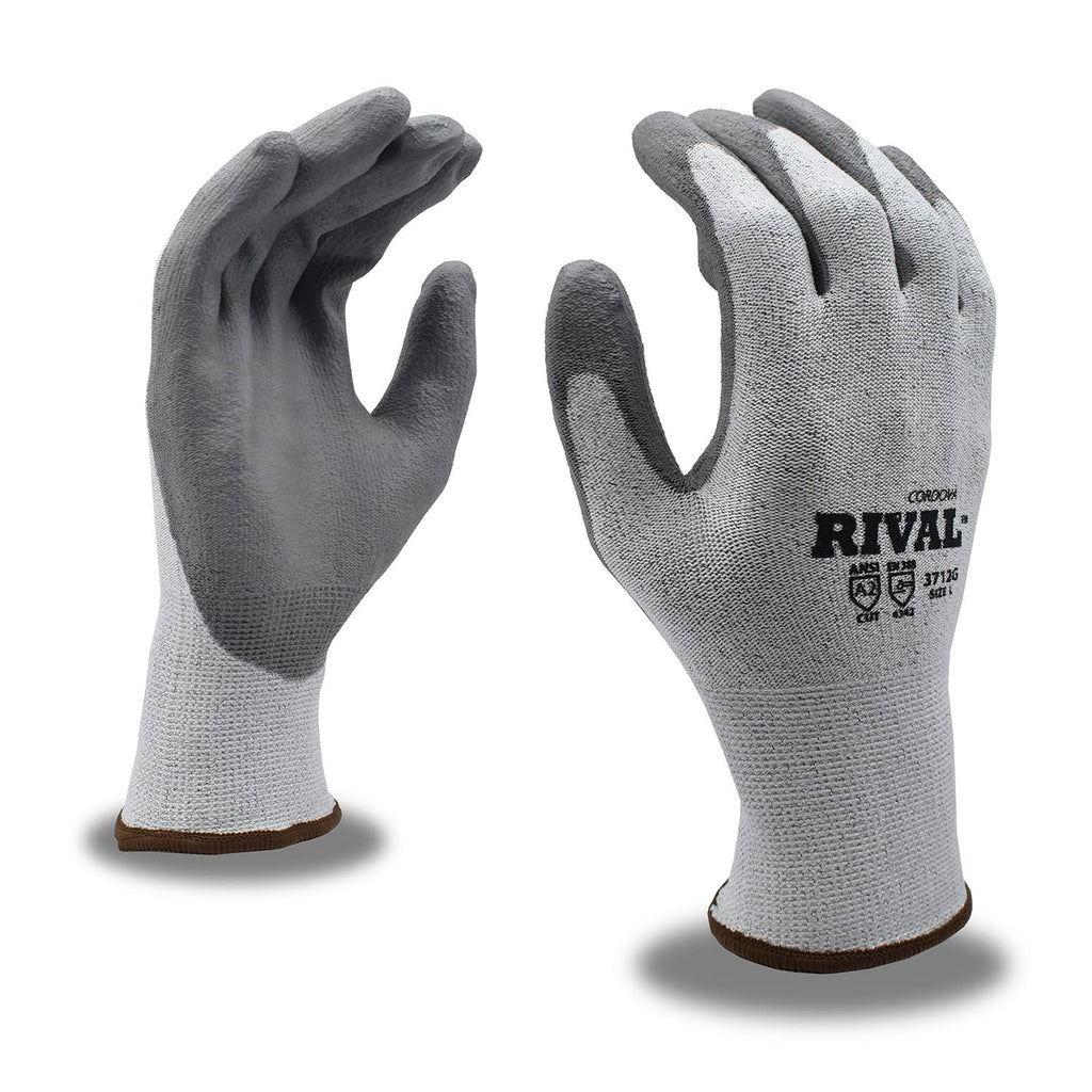 Cordova 3712GL Rival Light Gray 13-Gauge HPPE Shell Gloves, Gray Polyurethane Palm Coating, ANSI Cut Level A2, Large, 3-Pack