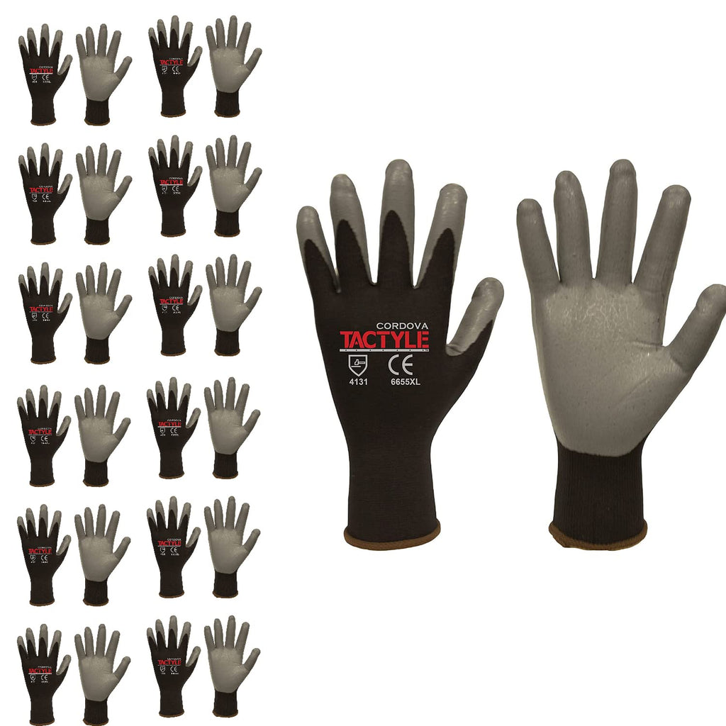 Cordova Tactyle 13-Gauge Gloves, Black Nylon Shell, Gray Foam Nitrile Palm Coating, 12-Pack