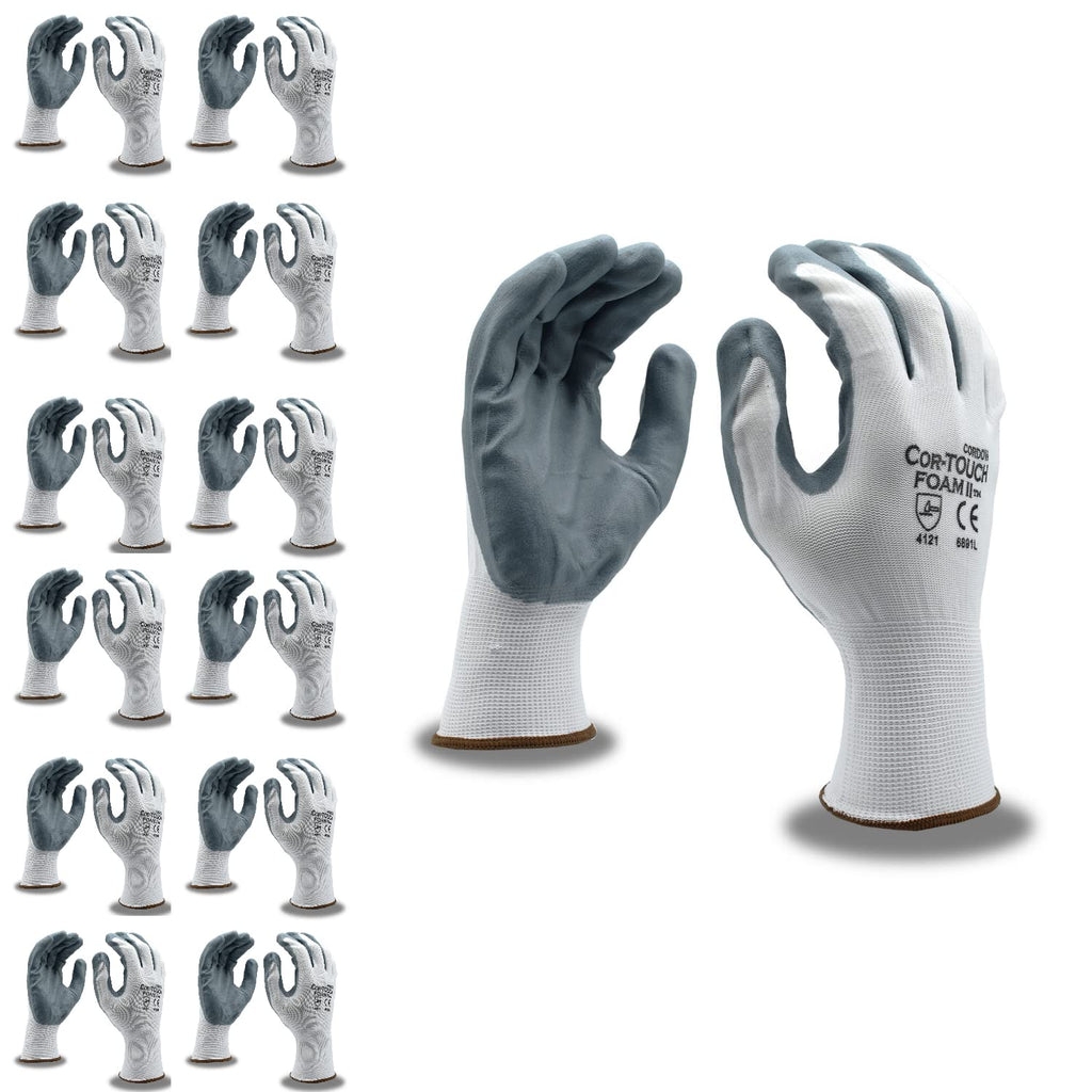 Cordova Cor-Touch II 13-Gauge Gloves, White Nylon Shell, Gray Nitrile Palm Coating, 12-Pack